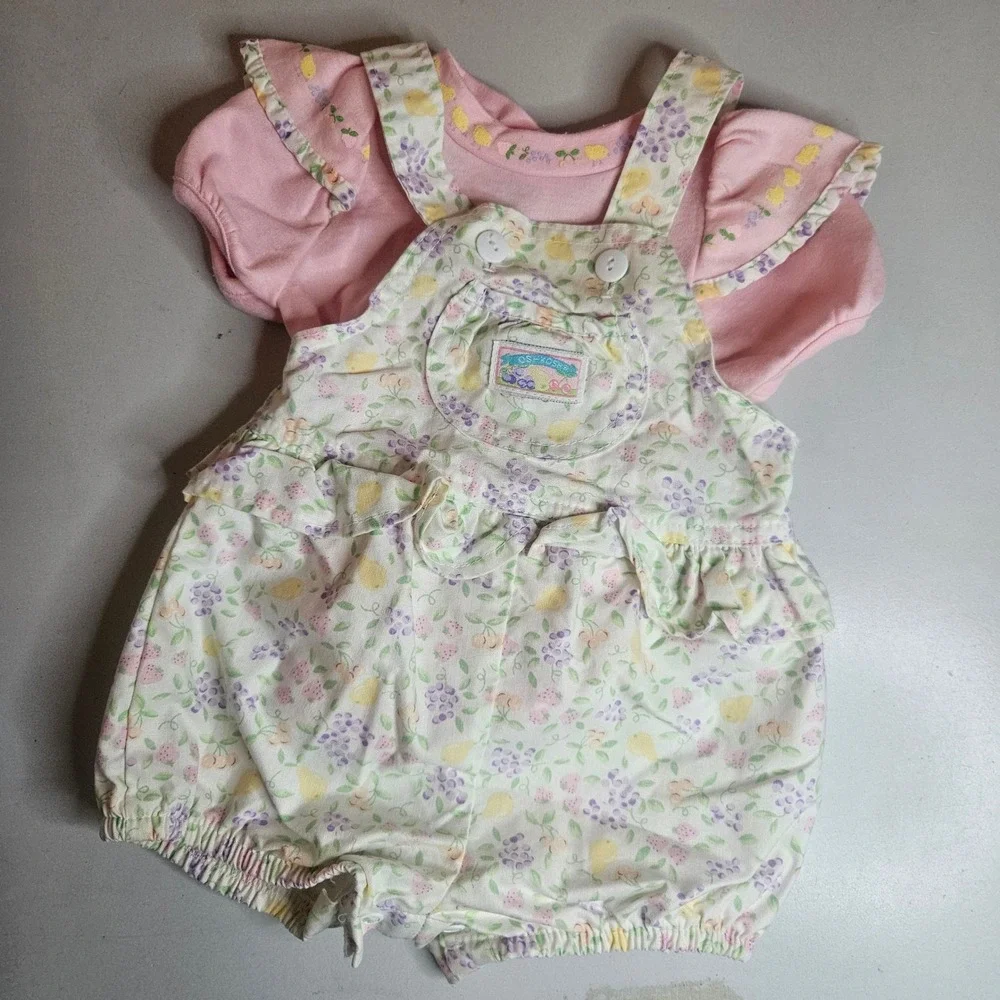 Vintage OshKosh B'gosh Baby Girls 12M Floral Fruit Romper Set Made in USA Pink
